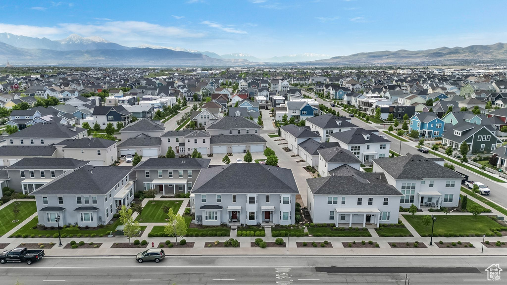 Aerial view of residential area with mountains