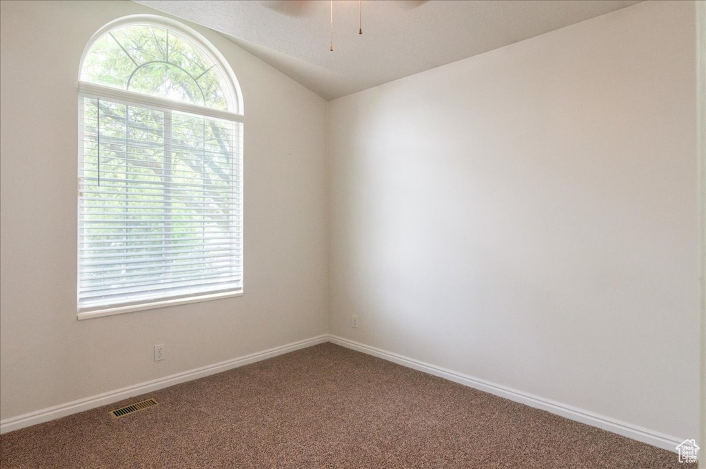 Carpeted spare room with plenty of natural light, a ceiling fan, lofted ceiling, and baseboards