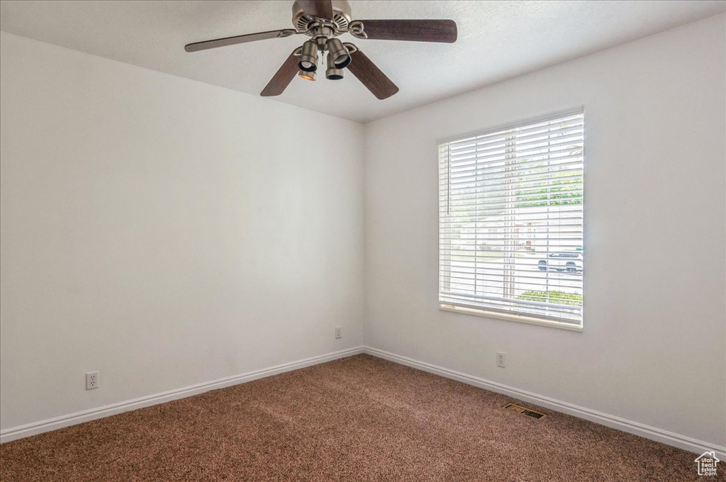 Empty room with carpet flooring, plenty of natural light, a ceiling fan, and baseboards