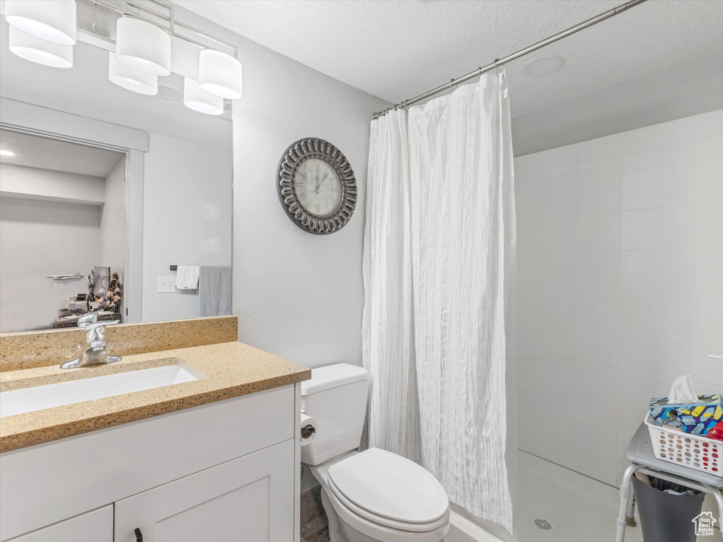 Full bathroom featuring toilet, a stall shower, and vanity