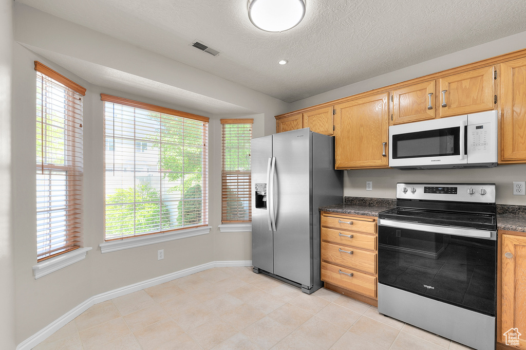 Kitchen with stainless steel appliances, dark countertops, plenty of natural light, and a textured ceiling