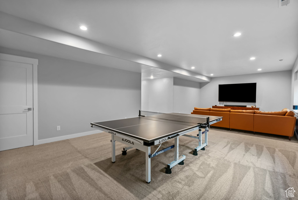 Playroom with light carpet, recessed lighting, and baseboards