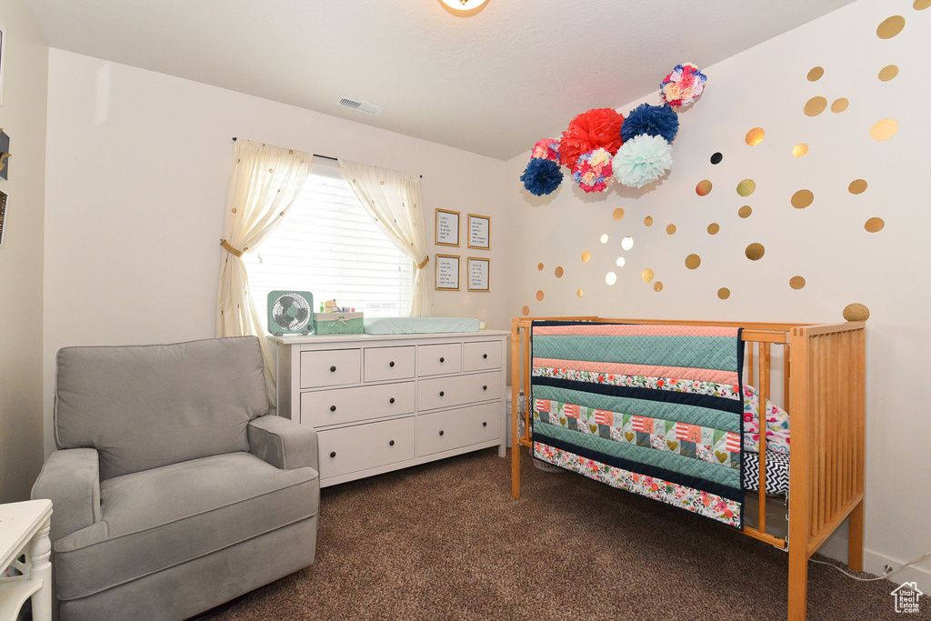 Bedroom with dark carpet
