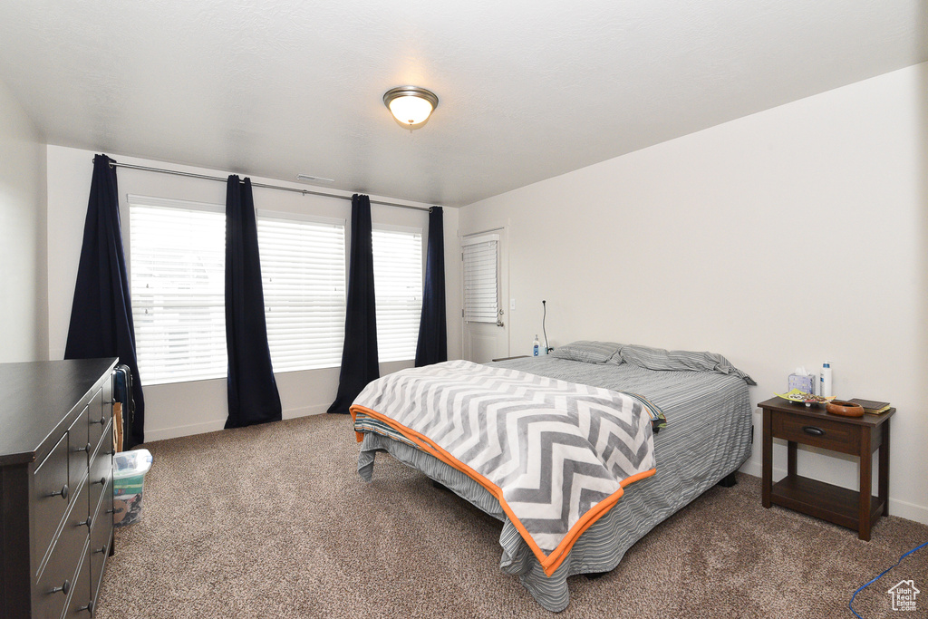 Bedroom featuring light colored carpet, multiple windows, and baseboards