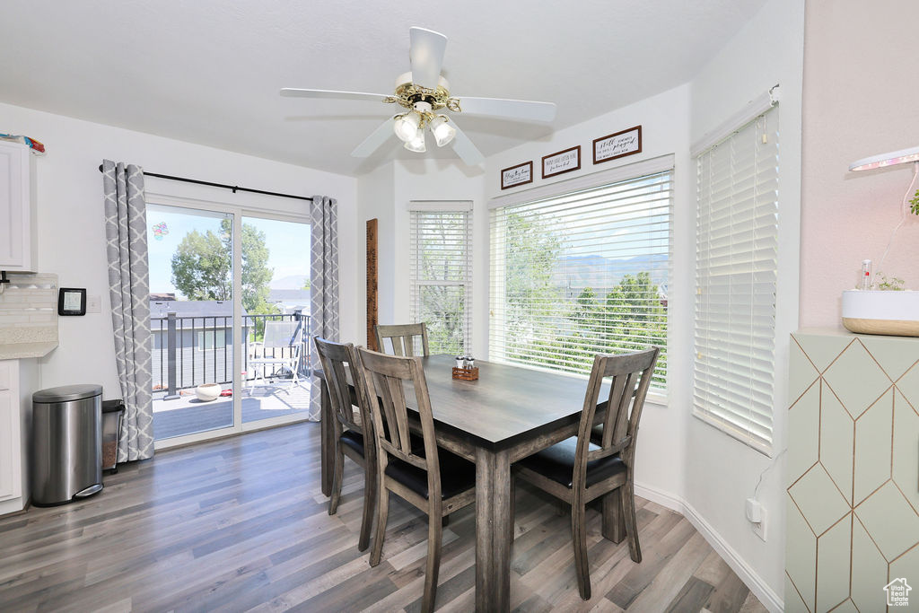 Dining room featuring wood finished floors and a ceiling fan