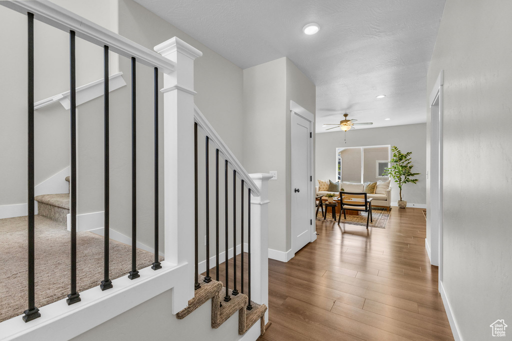Stairway featuring wood finished floors, baseboards, a ceiling fan, and recessed lighting