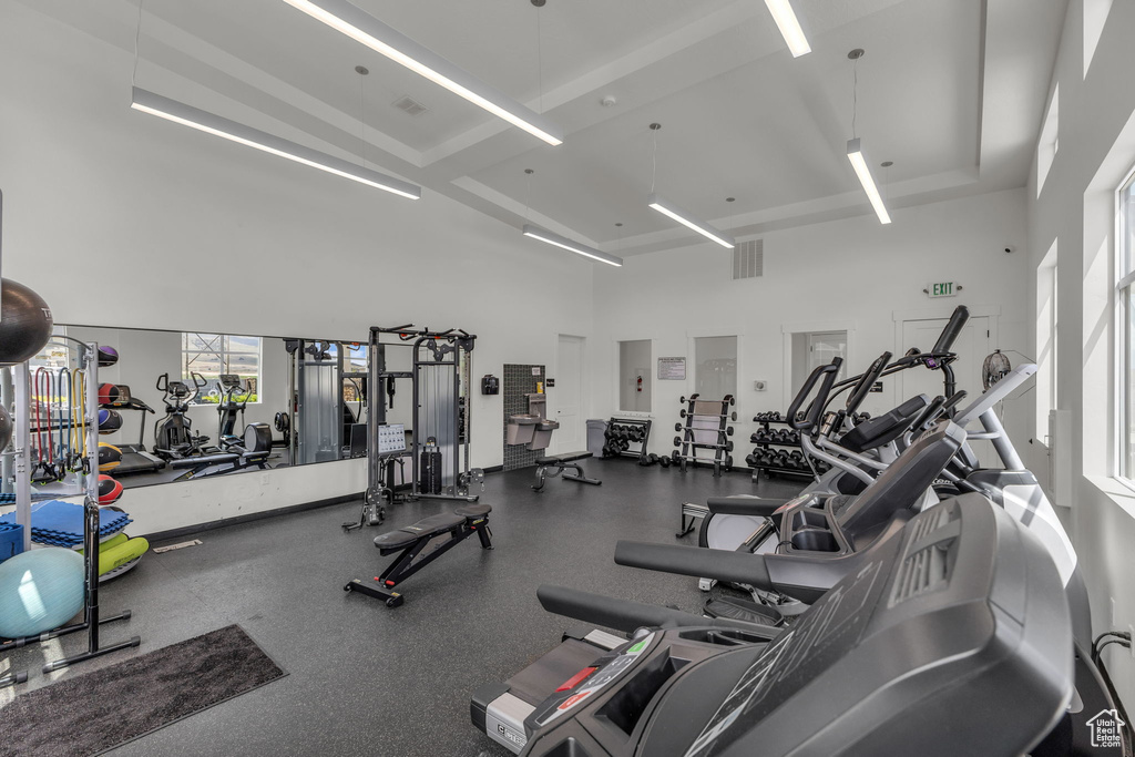 Workout area featuring a high ceiling