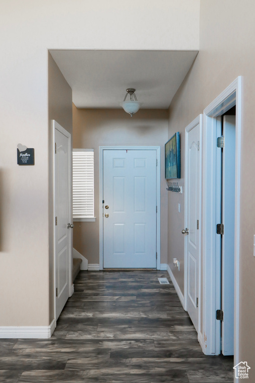 Foyer entrance featuring baseboards and dark wood finished floors