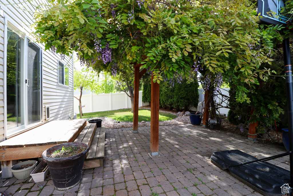 Fenced backyard with a patio
