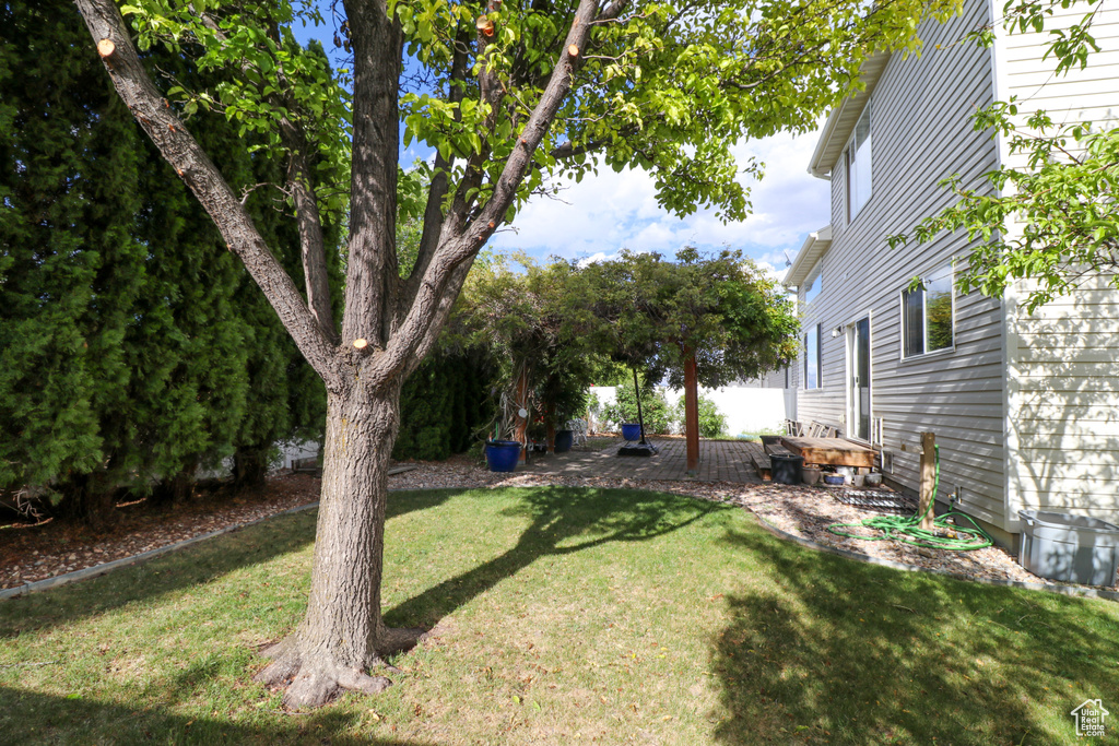 View of grassy yard featuring a patio