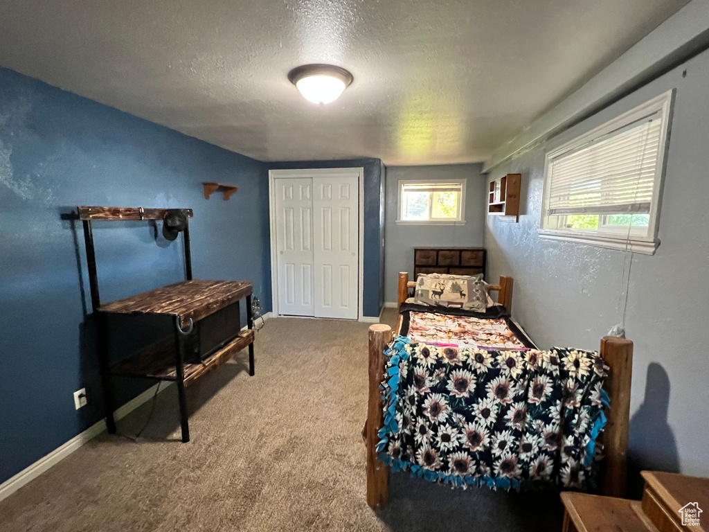 Carpeted bedroom with a textured ceiling, a closet, and baseboards