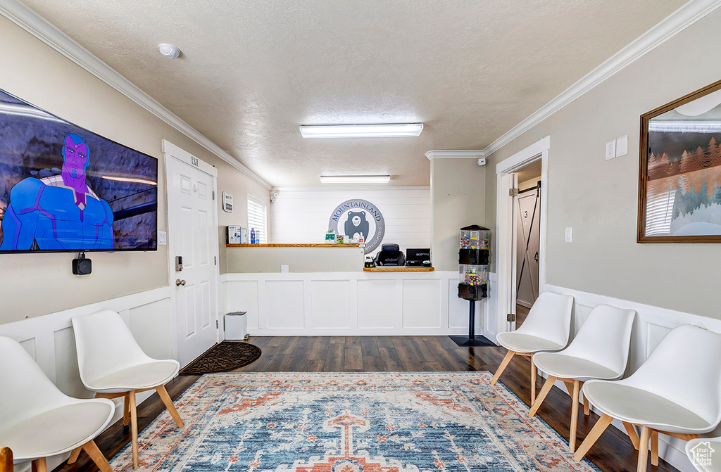 Living area with dark wood-style floors, ornamental molding, a textured ceiling, and a wainscoted wall