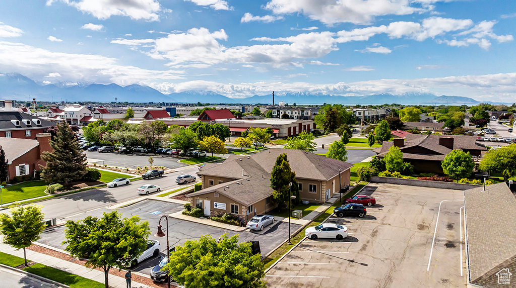 Aerial view of residential area with mountains