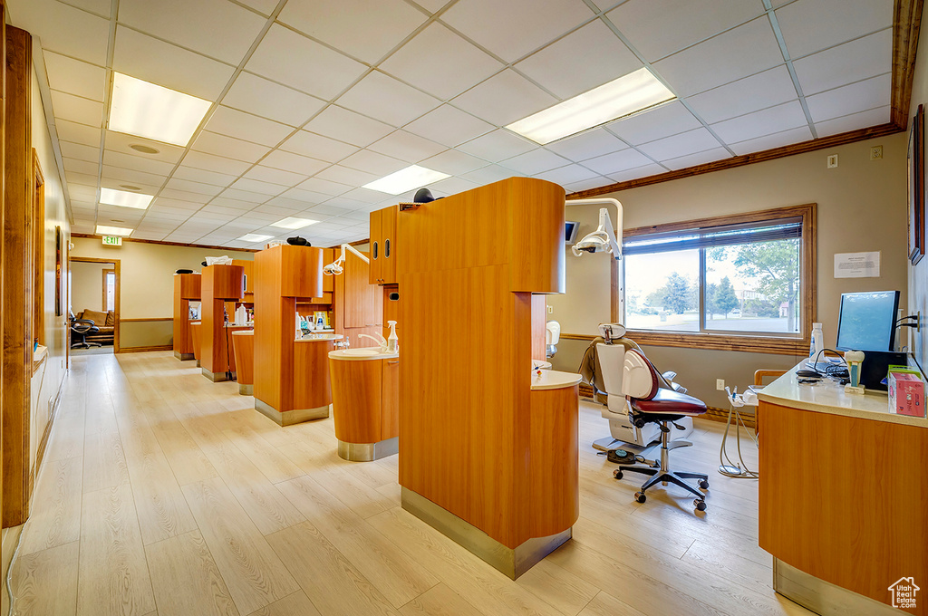 Home office with light wood-type flooring, baseboards, ornamental molding, and a paneled ceiling