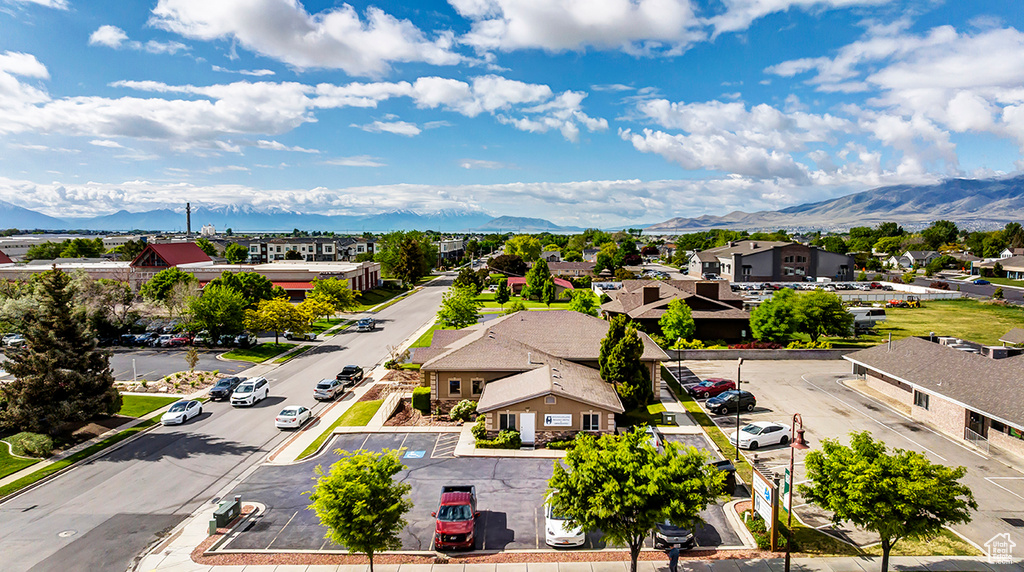 Aerial perspective of suburban area with mountains