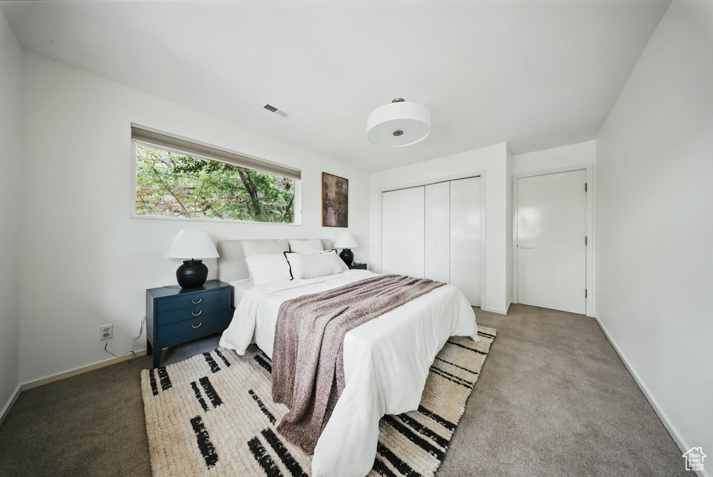 Carpeted bedroom with a closet and baseboards