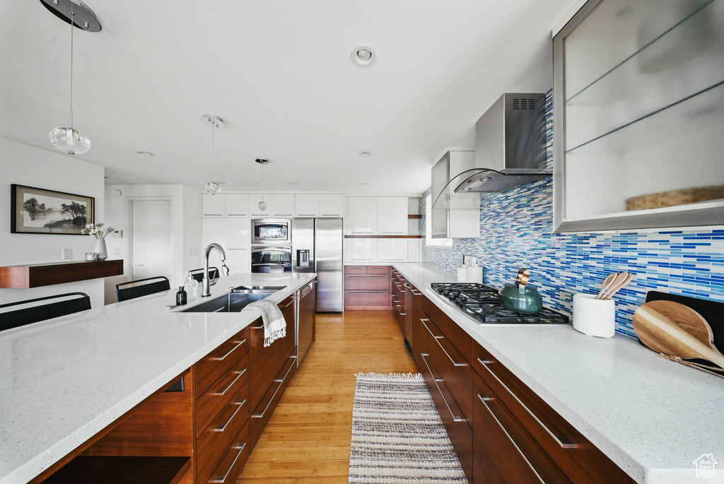 Kitchen featuring wall chimney exhaust hood, modern cabinets, stainless steel appliances, a sink, and open shelves