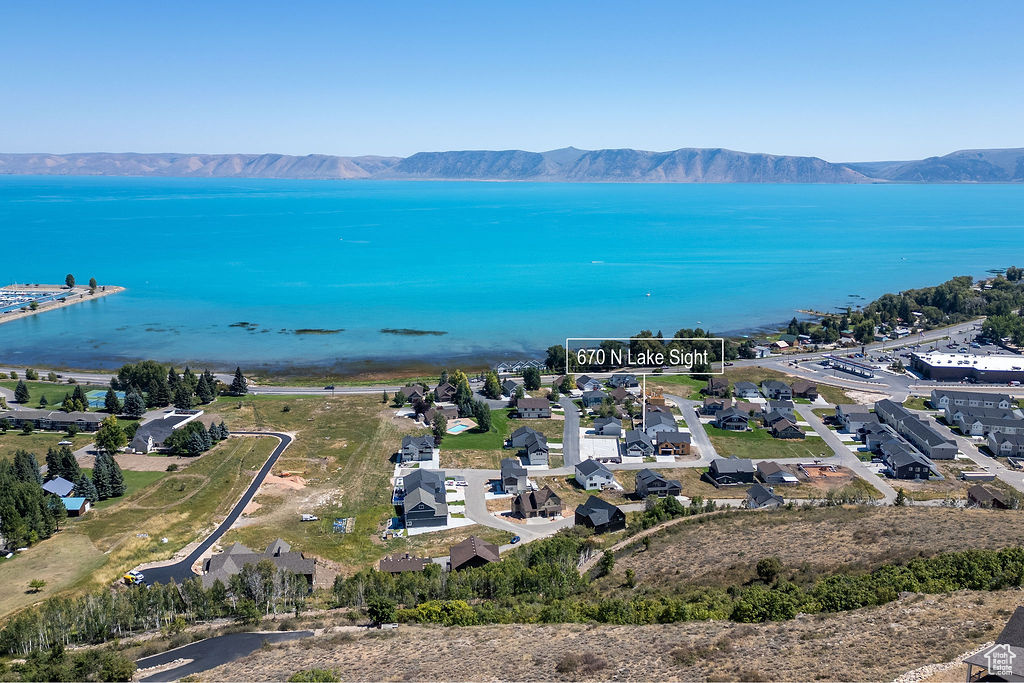 Aerial view of a water and mountain view