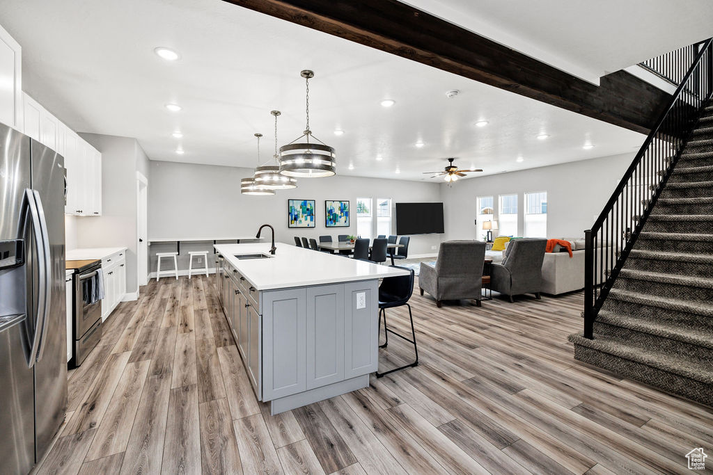 Kitchen with a sink, appliances with stainless steel finishes, light countertops, light wood-style flooring, and recessed lighting