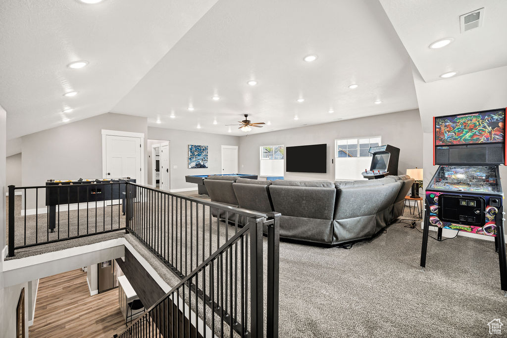 Living room featuring recessed lighting and ceiling fan