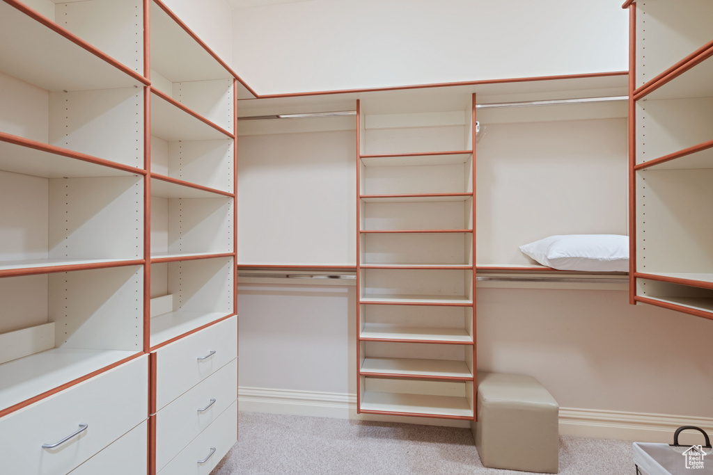 Walk in closet with light carpet