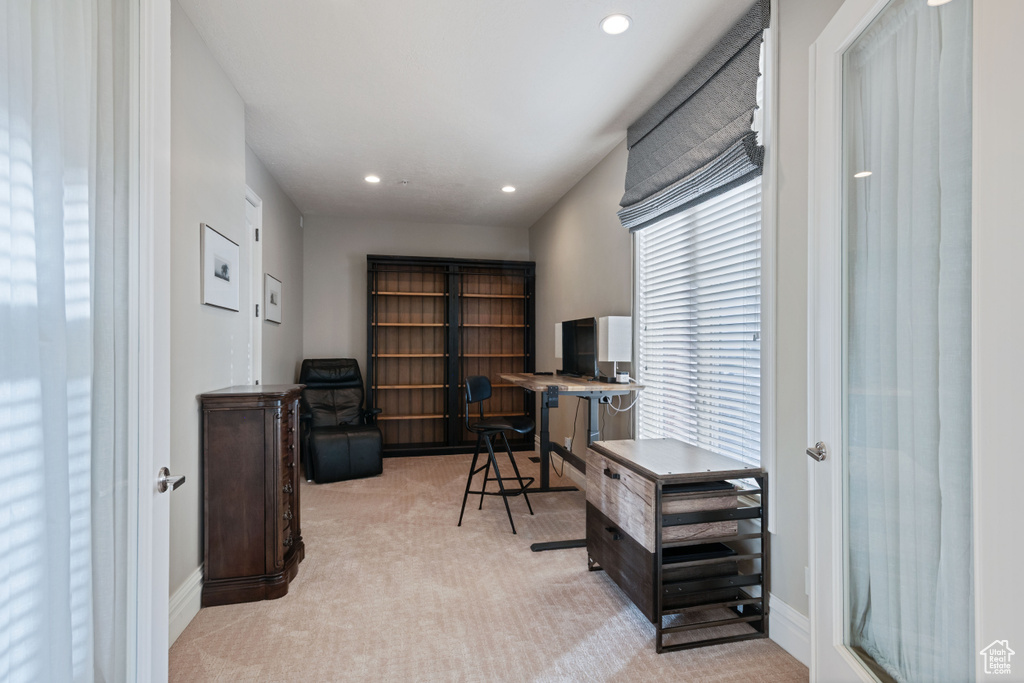 Home office with carpet, recessed lighting, and baseboards