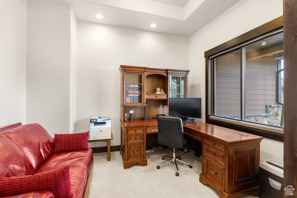 Office space featuring light colored carpet and recessed lighting