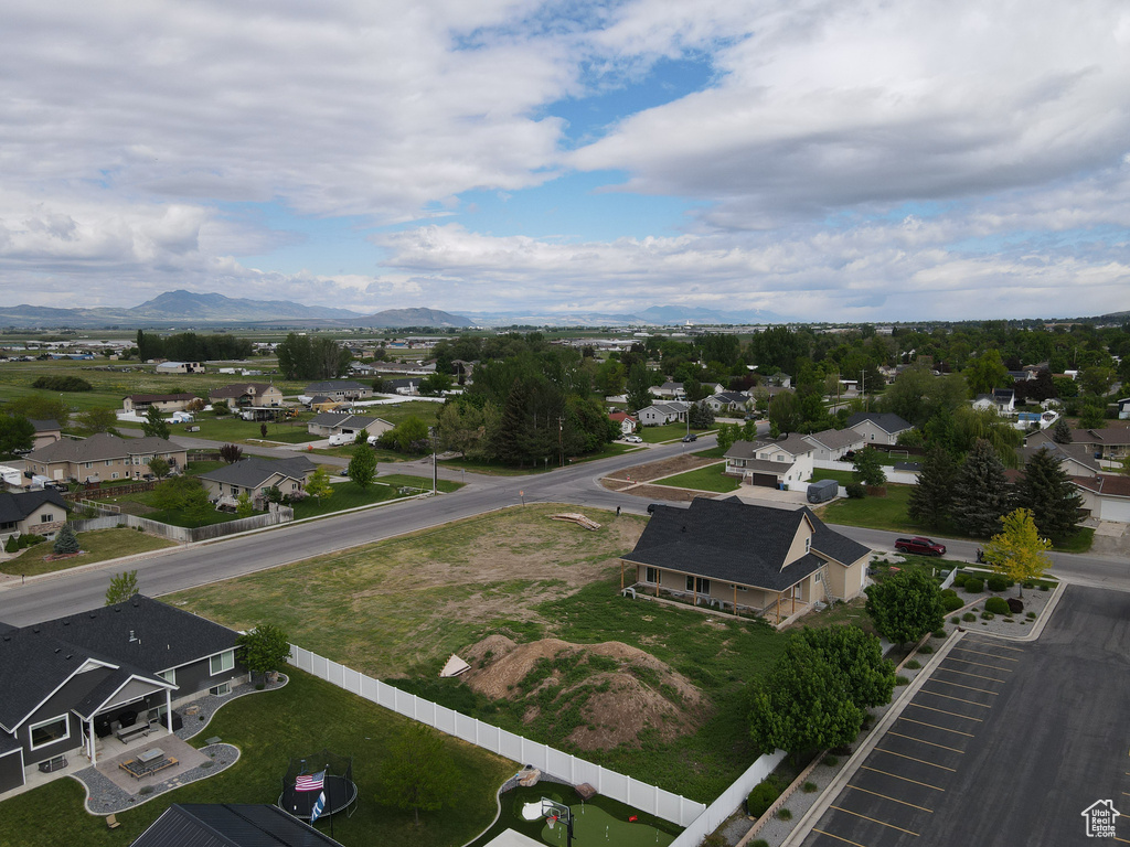 Aerial perspective of suburban area featuring mountains