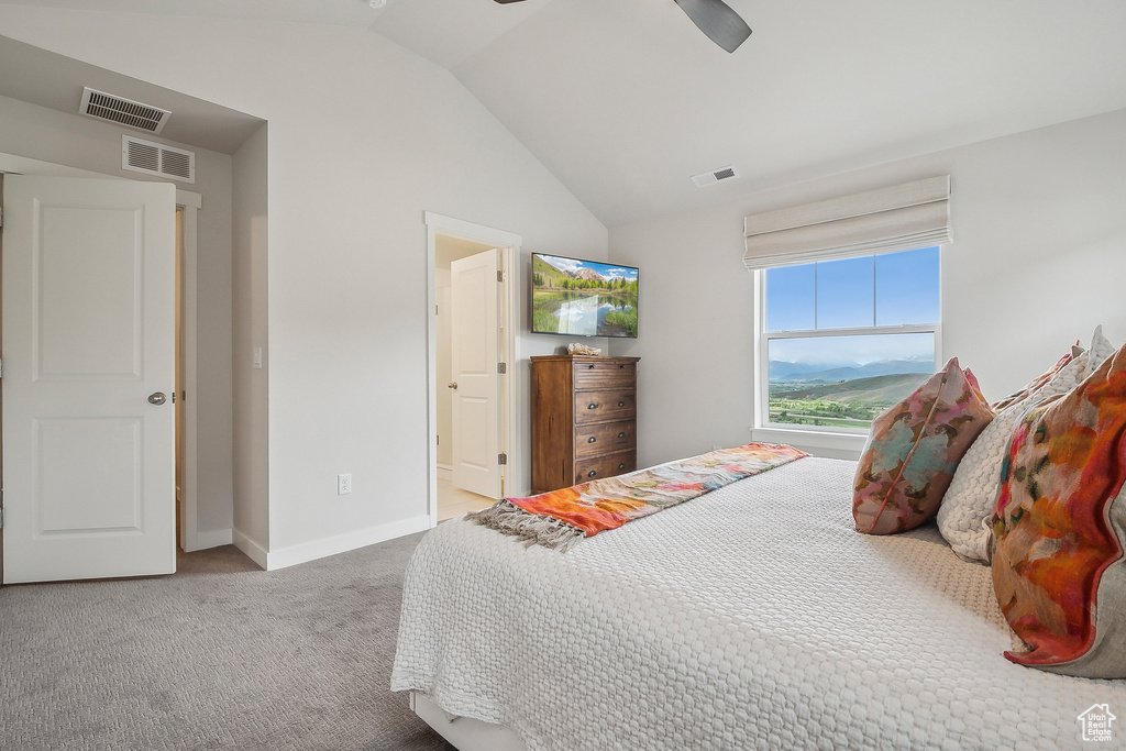Carpeted bedroom with vaulted ceiling, baseboards, and a ceiling fan