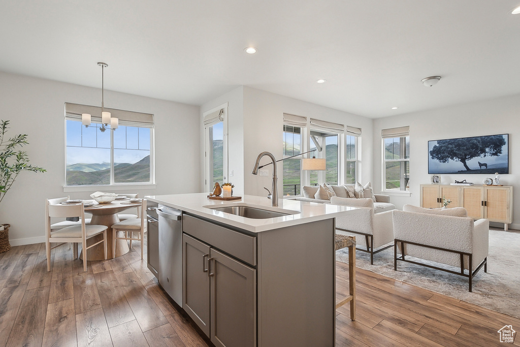 Kitchen with a sink, gray cabinetry, wood finished floors, plenty of natural light, and recessed lighting