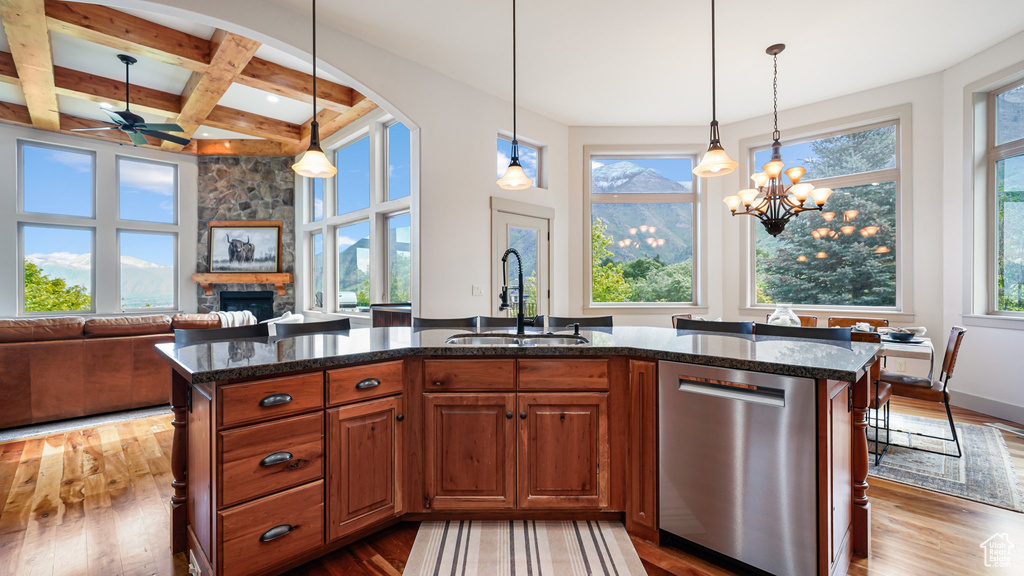 Kitchen featuring stainless steel dishwasher, a sink, a stone fireplace, dark wood-style flooring, and dark stone counters
