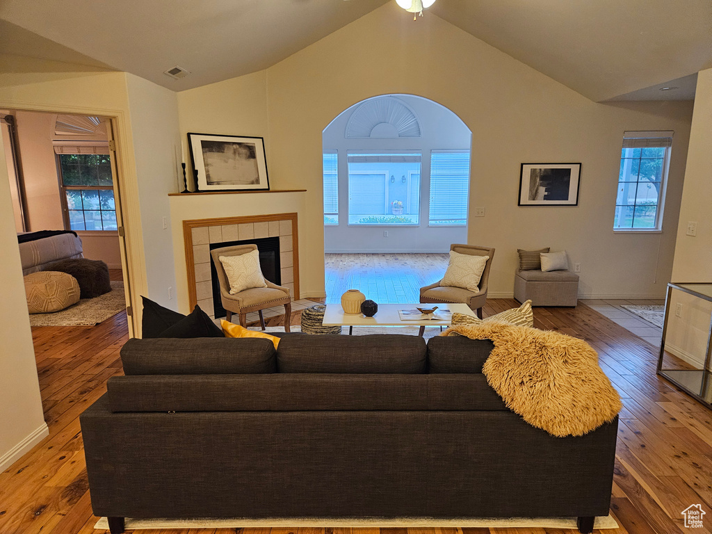 Living room featuring a fireplace, lofted ceiling, hardwood / wood-style floors, and plenty of natural light