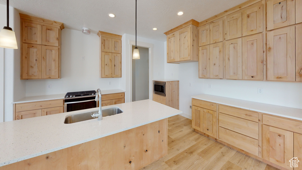 Kitchen with light brown cabinets, a sink, light wood-style flooring, recessed lighting, and appliances with stainless steel finishes