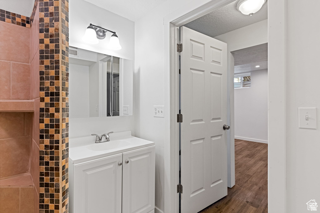Bathroom with wood finished floors and vanity