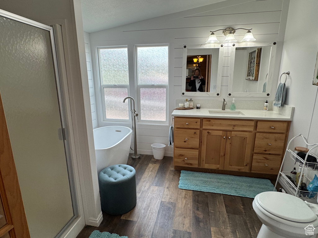 Full bathroom with wood finished floors, vaulted ceiling, a shower stall, vanity, and a freestanding bath