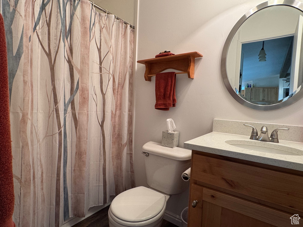 Full bath with toilet, vanity, and curtained shower