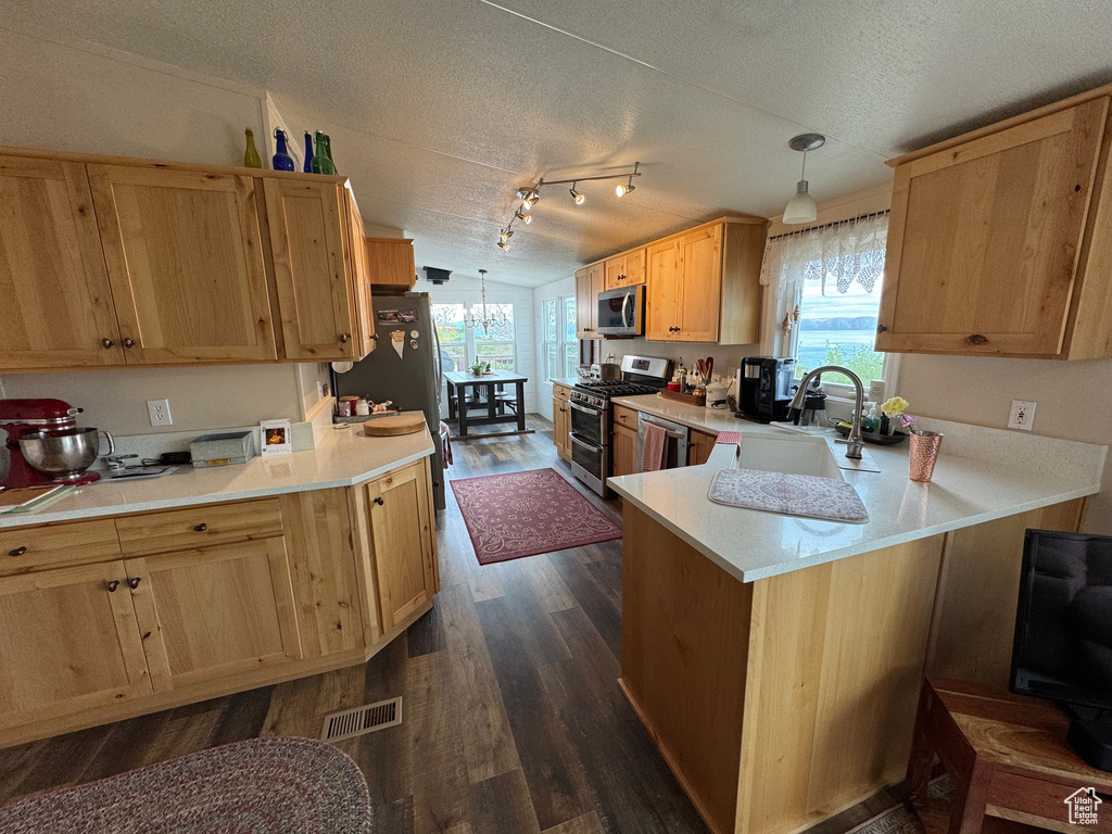 Kitchen featuring appliances with stainless steel finishes, a sink, dark wood finished floors, a peninsula, and light brown cabinets