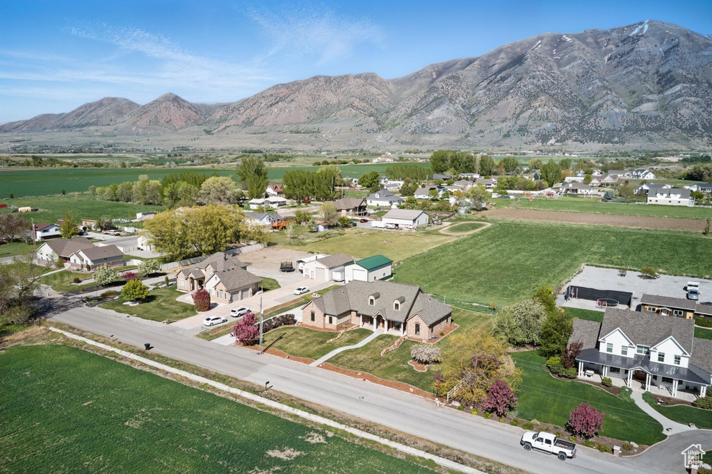 Birds eye view of property with a mountain view and a residential view