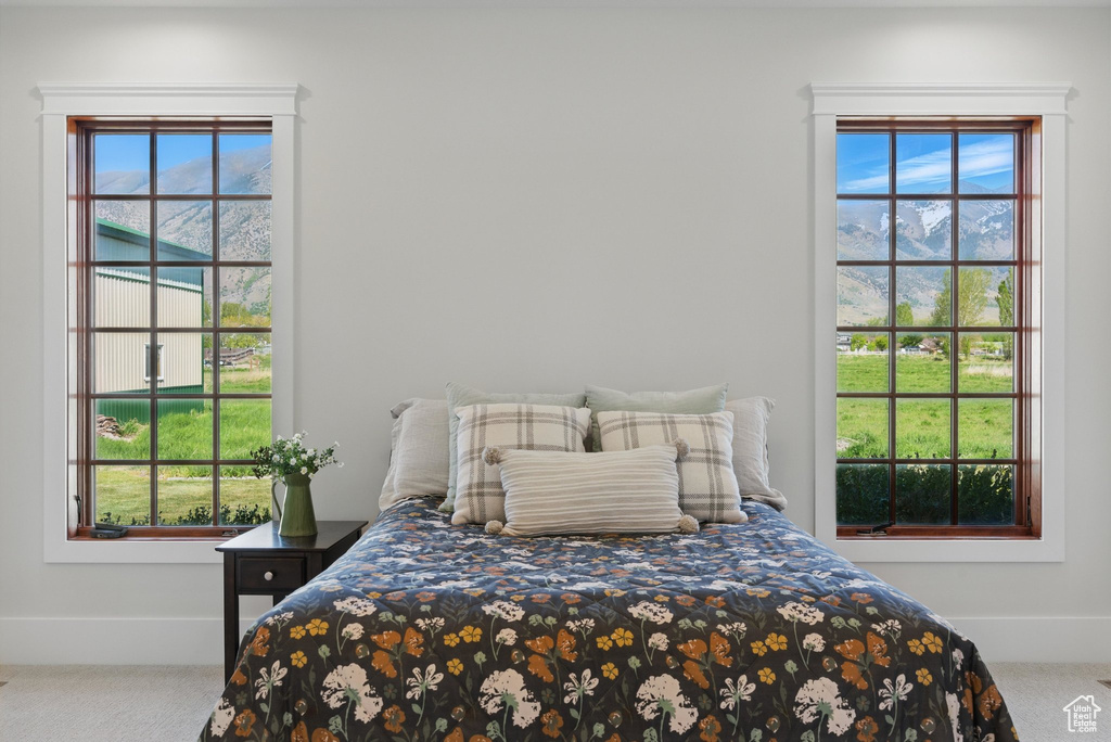 Carpeted bedroom featuring multiple windows and baseboards