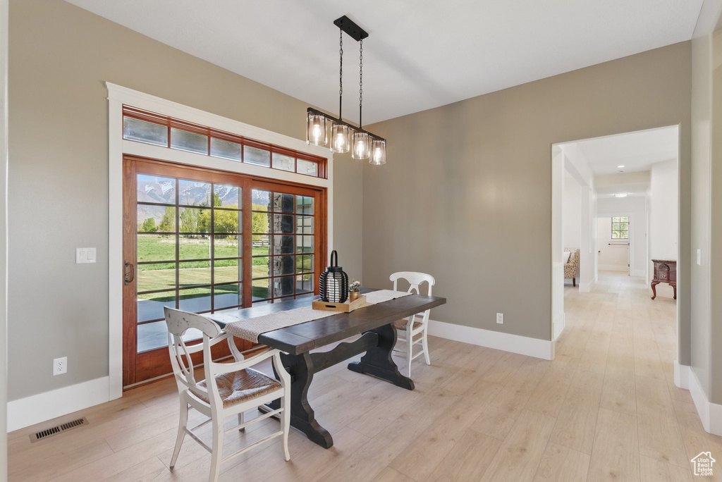 Dining room with baseboards, light wood-type flooring, and visible vents