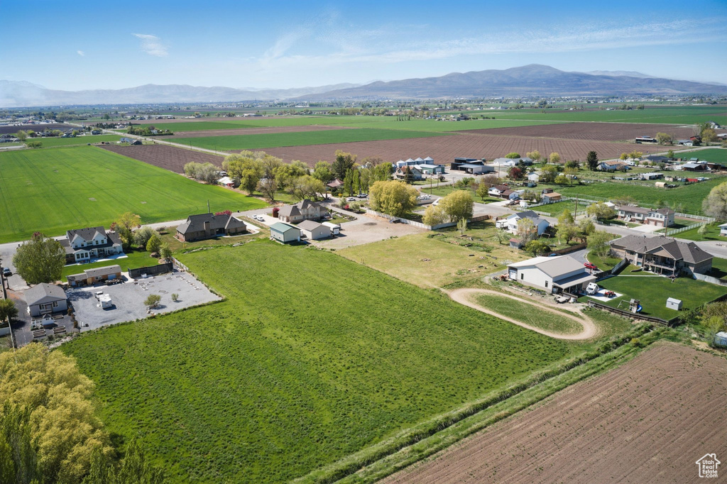 Drone / aerial view with a mountain view and a rural view