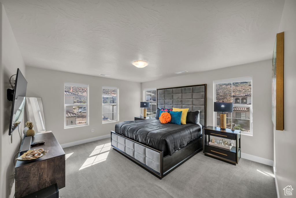 Bedroom with baseboards, multiple windows, and carpet flooring
