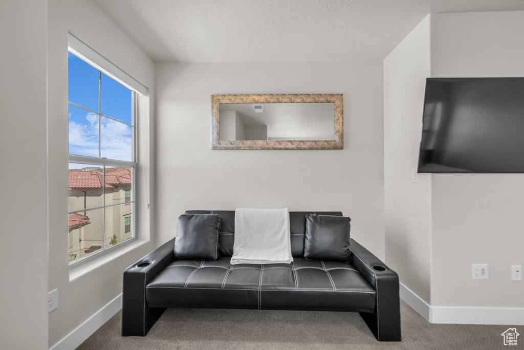 Sitting room with carpet flooring and baseboards