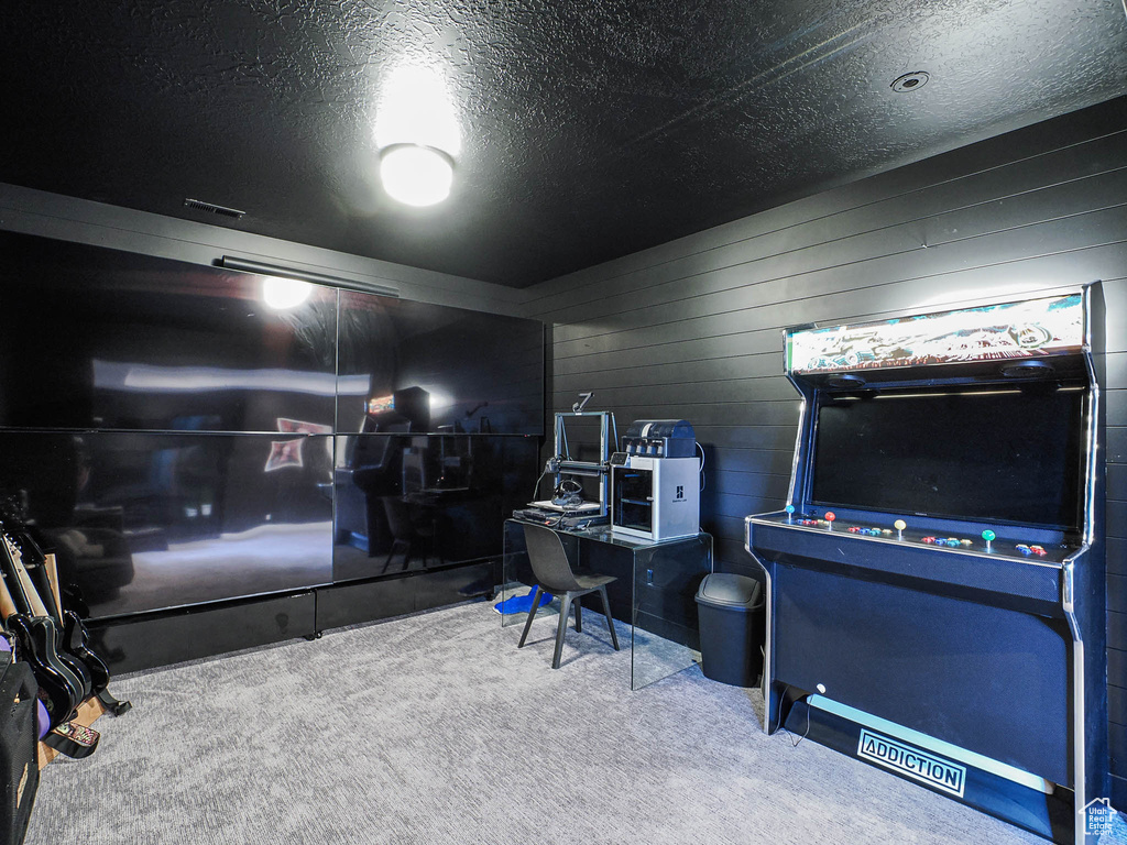 Rec room featuring carpet floors, wood walls, and a textured ceiling