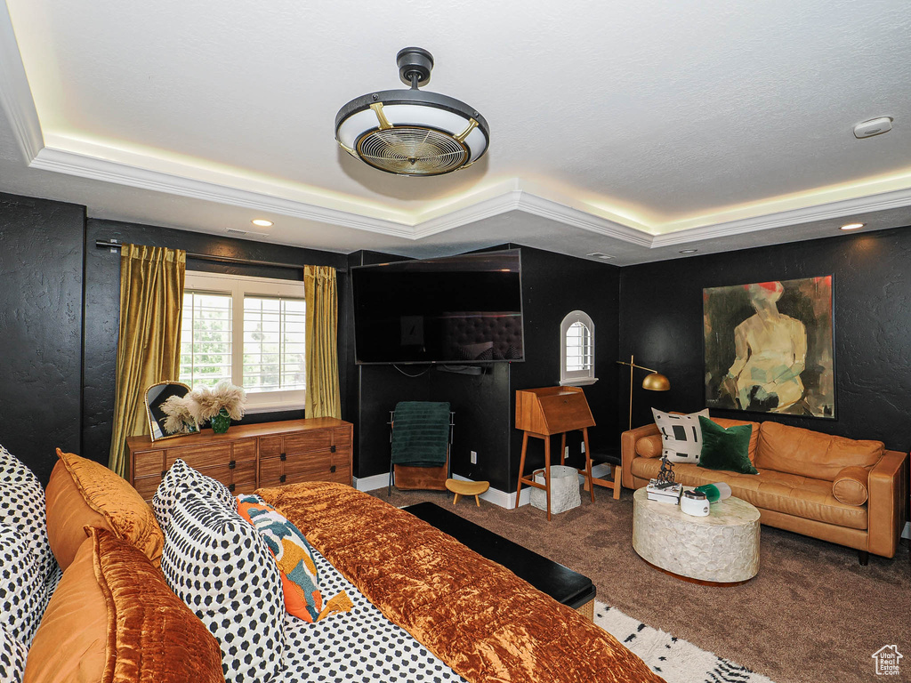 Carpeted bedroom with a raised ceiling