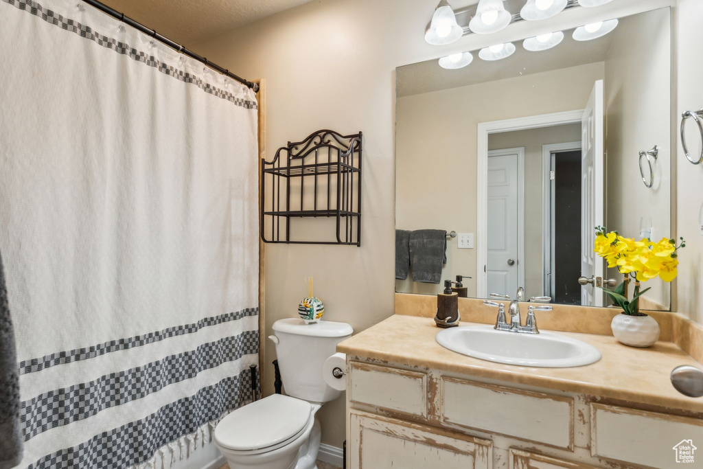 Full bathroom featuring toilet, vanity, and a shower with shower curtain