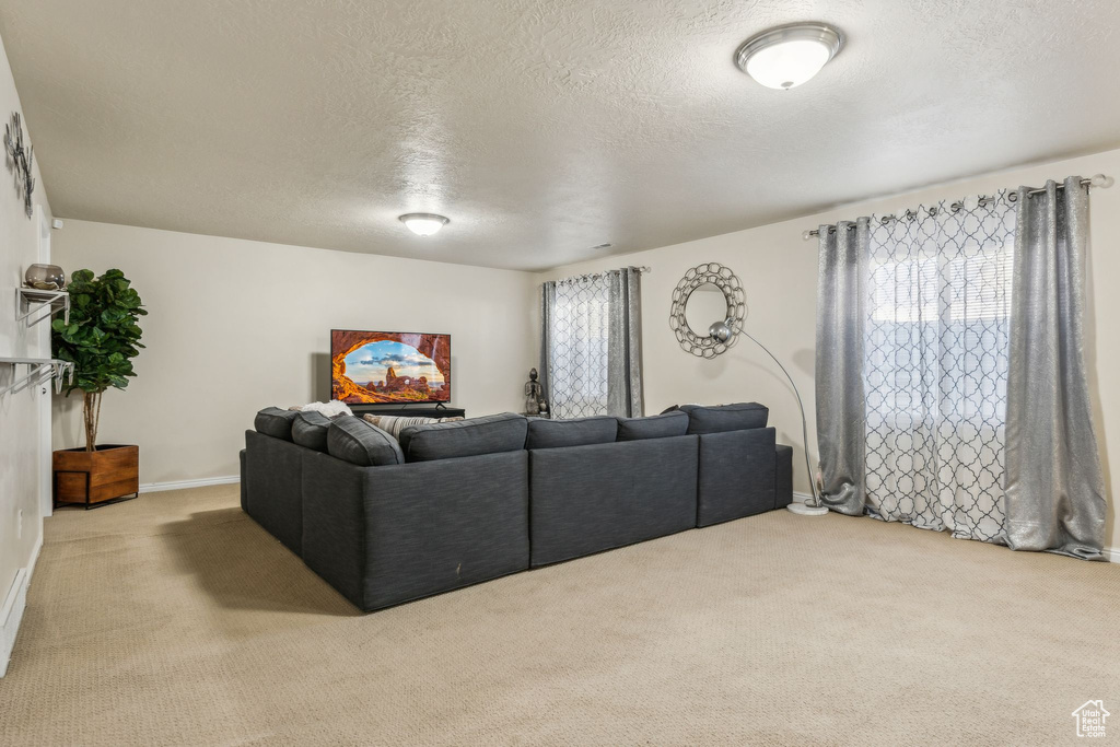 Carpeted living area featuring a textured ceiling and baseboards