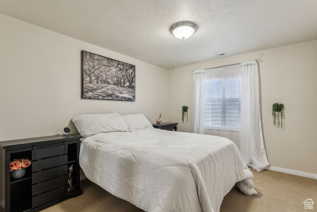 Bedroom with carpet, a textured ceiling, and baseboards