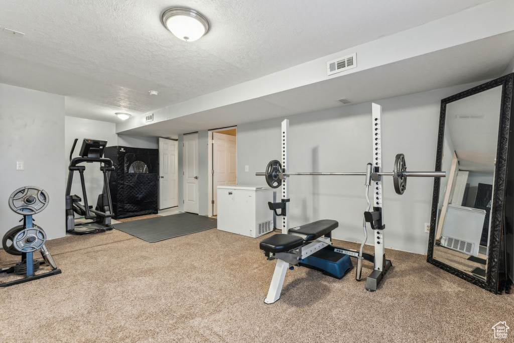 Workout area with a textured ceiling and carpet flooring