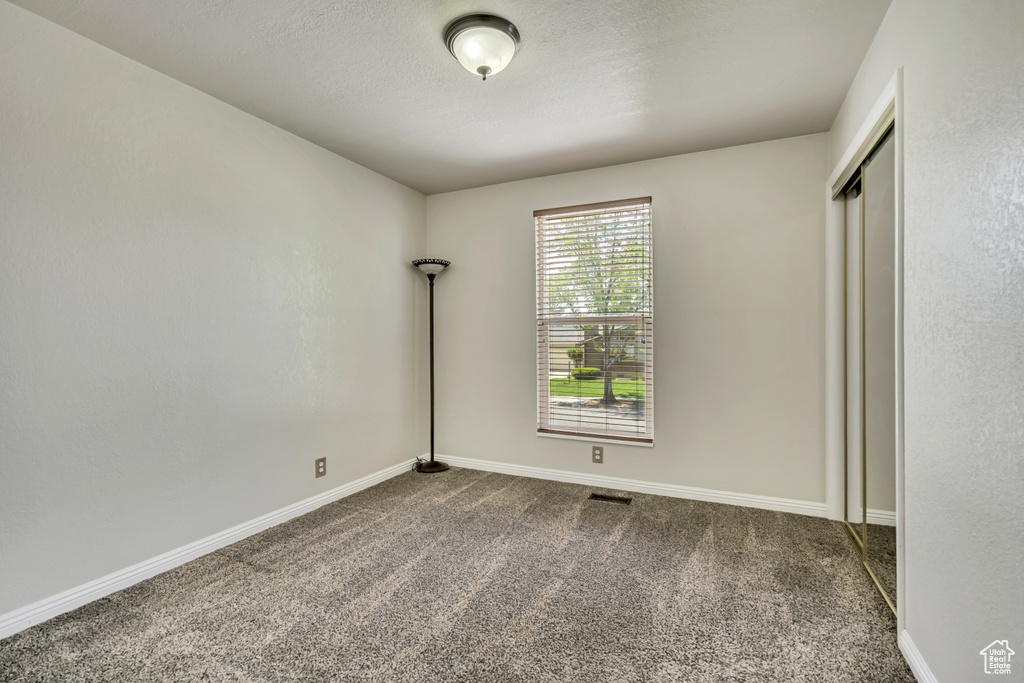 Unfurnished bedroom with carpet floors, baseboards, a closet, and a textured ceiling